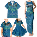Aotearoa Maori Ngati Kahungunu Iwi Paua Blue Family Matching Tank Maxi Dress and Hawaiian Shirt Korowai Tukutuku Kaokao Motifs