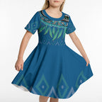 Aotearoa Maori Ngati Kahungunu Iwi Paua Blue Kid Short Sleeve Dress Korowai Tukutuku Kaokao Motifs