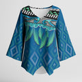 Aotearoa Maori Ngati Kahungunu Iwi Paua Blue Kimono Sleeve Blouse Korowai Tukutuku Kaokao Motifs