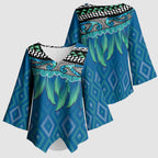 Aotearoa Maori Ngati Kahungunu Iwi Paua Blue Kimono Sleeve Blouse Korowai Tukutuku Kaokao Motifs