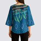 Aotearoa Maori Ngati Kahungunu Iwi Paua Blue Kimono Sleeve Blouse Korowai Tukutuku Kaokao Motifs