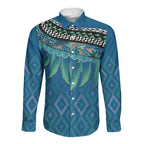 Aotearoa Maori Ngati Kahungunu Iwi Paua Blue Long Sleeve Button Shirt Korowai Tukutuku Kaokao Motifs