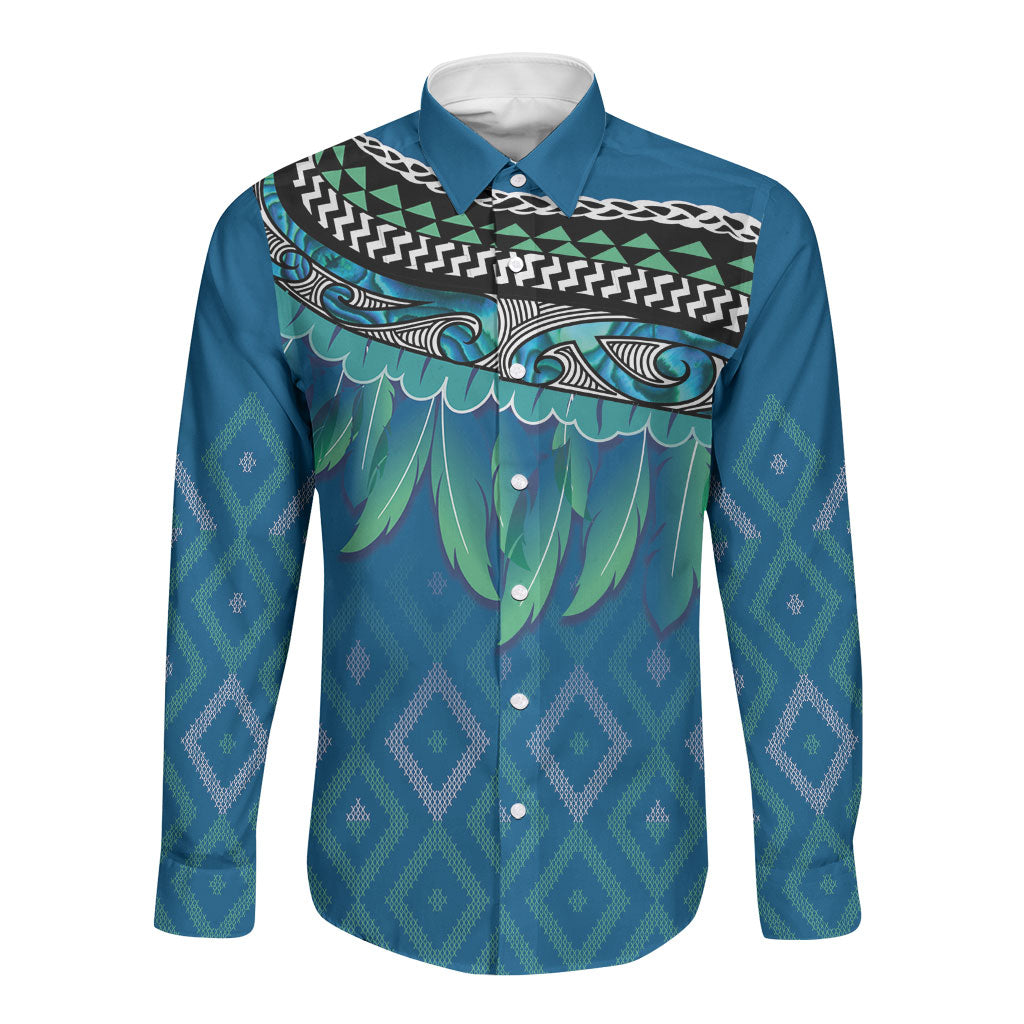 Aotearoa Maori Ngati Kahungunu Iwi Paua Blue Long Sleeve Button Shirt Korowai Tukutuku Kaokao Motifs