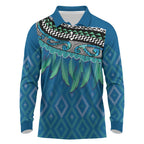 Aotearoa Maori Ngati Kahungunu Iwi Paua Blue Long Sleeve Polo Shirt Korowai Tukutuku Kaokao Motifs