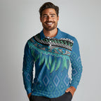 Aotearoa Maori Ngati Kahungunu Iwi Paua Blue Long Sleeve Polo Shirt Korowai Tukutuku Kaokao Motifs