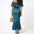 Aotearoa Maori Ngati Kahungunu Iwi Paua Blue Mermaid Dress Korowai Tukutuku Kaokao Motifs