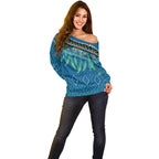 Aotearoa Maori Ngati Kahungunu Iwi Paua Blue Off Shoulder Sweater Korowai Tukutuku Kaokao Motifs