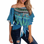 Aotearoa Maori Ngati Kahungunu Iwi Paua Blue Off Shoulder Wrap Waist Top Korowai Tukutuku Kaokao Motifs