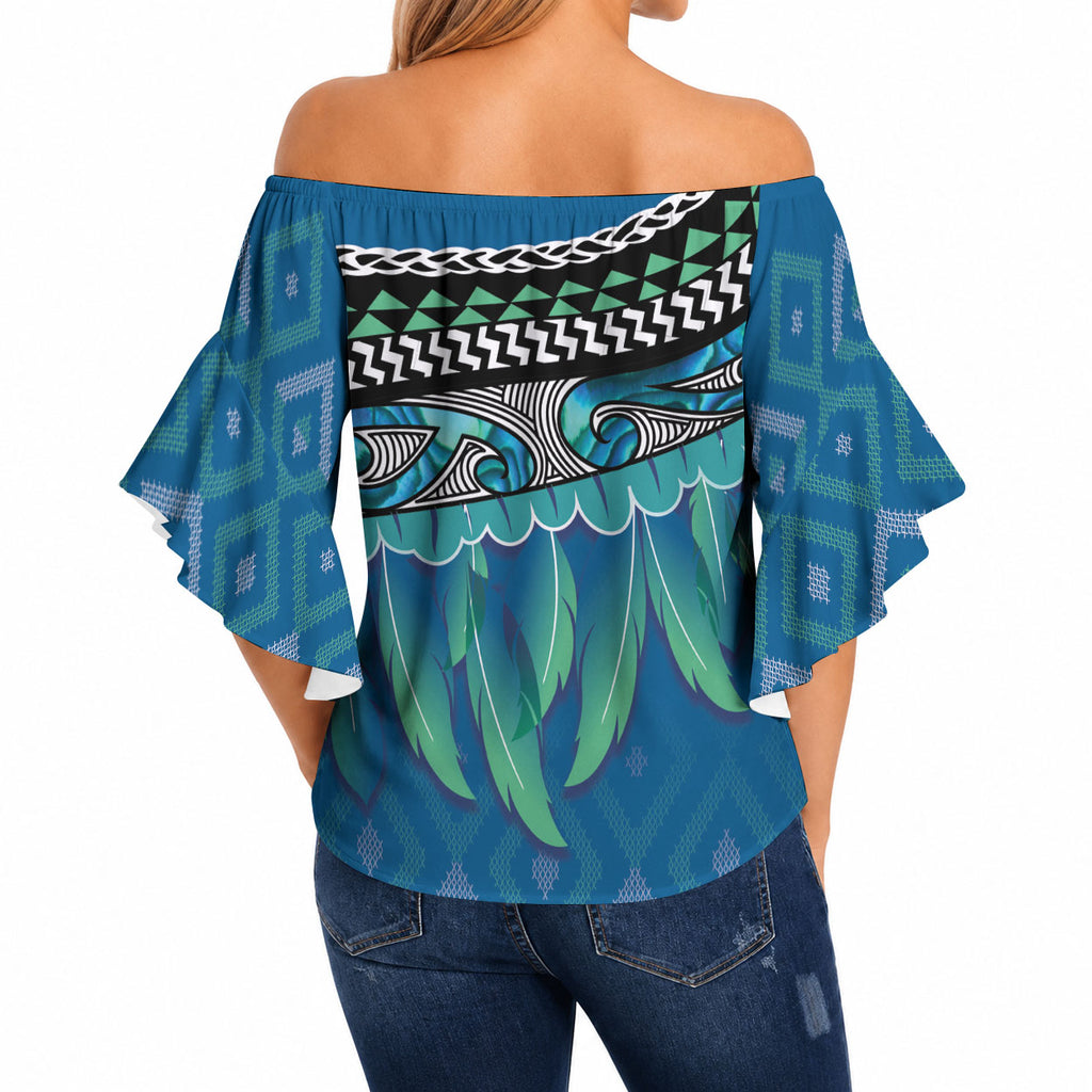 Aotearoa Maori Ngati Kahungunu Iwi Paua Blue Off Shoulder Wrap Waist Top Korowai Tukutuku Kaokao Motifs
