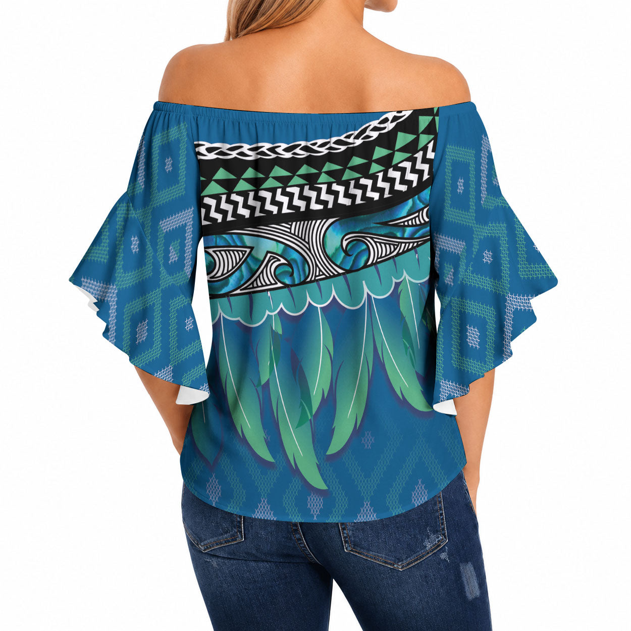Aotearoa Maori Ngati Kahungunu Iwi Paua Blue Off Shoulder Wrap Waist Top Korowai Tukutuku Kaokao Motifs