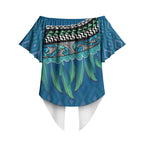 Aotearoa Maori Ngati Kahungunu Iwi Paua Blue Off Shoulder Wrap Waist Top Korowai Tukutuku Kaokao Motifs