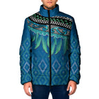 Aotearoa Maori Ngati Kahungunu Iwi Paua Blue Padded Jacket Korowai Tukutuku Kaokao Motifs