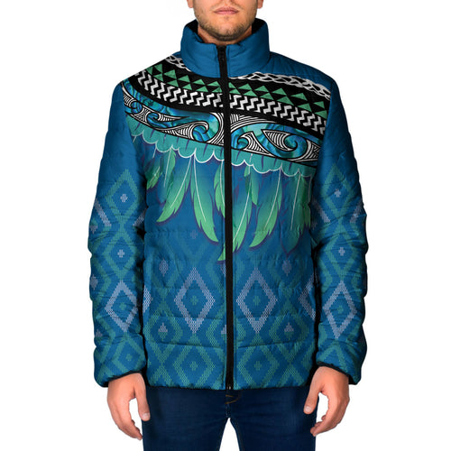 Aotearoa Maori Ngati Kahungunu Iwi Paua Blue Padded Jacket Korowai Tukutuku Kaokao Motifs