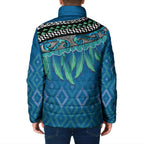 Aotearoa Maori Ngati Kahungunu Iwi Paua Blue Padded Jacket Korowai Tukutuku Kaokao Motifs