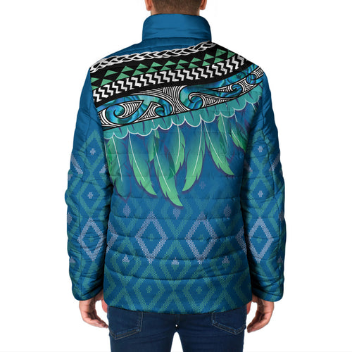 Aotearoa Maori Ngati Kahungunu Iwi Paua Blue Padded Jacket Korowai Tukutuku Kaokao Motifs