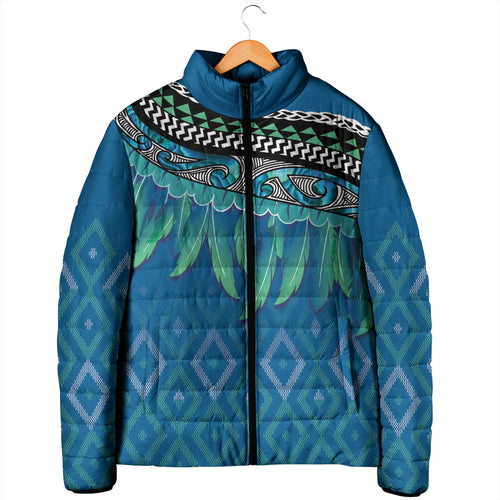 Aotearoa Maori Ngati Kahungunu Iwi Paua Blue Padded Jacket Korowai Tukutuku Kaokao Motifs