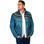 Aotearoa Maori Ngati Kahungunu Iwi Paua Blue Padded Jacket Korowai Tukutuku Kaokao Motifs