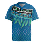 Aotearoa Maori Ngati Kahungunu Iwi Paua Blue Rugby Jersey Korowai Tukutuku Kaokao Motifs