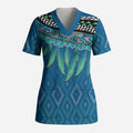Aotearoa Maori Ngati Kahungunu Iwi Paua Blue Scrub Top Korowai Tukutuku Kaokao Motifs