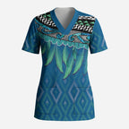 Aotearoa Maori Ngati Kahungunu Iwi Paua Blue Scrub Top Korowai Tukutuku Kaokao Motifs