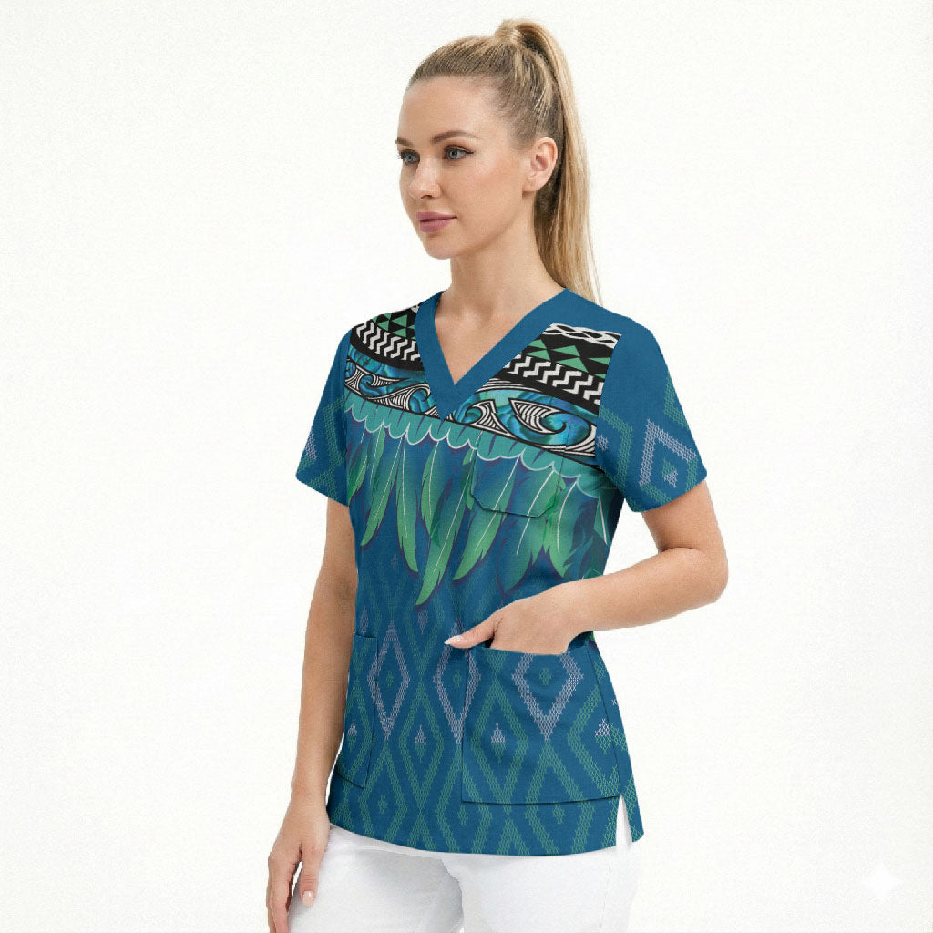Aotearoa Maori Ngati Kahungunu Iwi Paua Blue Scrub Top Korowai Tukutuku Kaokao Motifs