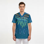 Aotearoa Maori Ngati Kahungunu Iwi Paua Blue Scrub Top Korowai Tukutuku Kaokao Motifs