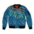 Aotearoa Maori Ngati Kahungunu Iwi Paua Blue Sleeve Zip Bomber Jacket Korowai Tukutuku Kaokao Motifs