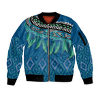 Aotearoa Maori Ngati Kahungunu Iwi Paua Blue Sleeve Zip Bomber Jacket Korowai Tukutuku Kaokao Motifs