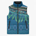 Aotearoa Maori Ngati Kahungunu Iwi Paua Blue Sleeveless Puffer Jacket Korowai Tukutuku Kaokao Motifs