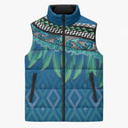 Aotearoa Maori Ngati Kahungunu Iwi Paua Blue Sleeveless Puffer Jacket Korowai Tukutuku Kaokao Motifs