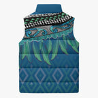 Aotearoa Maori Ngati Kahungunu Iwi Paua Blue Sleeveless Puffer Jacket Korowai Tukutuku Kaokao Motifs