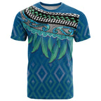Aotearoa Maori Ngati Kahungunu Iwi Paua Blue T Shirt Korowai Tukutuku Kaokao Motifs