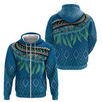 Aotearoa Maori Ngati Kahungunu Iwi Paua Blue Zip Hoodie Korowai Tukutuku Kaokao Motifs