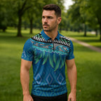 Aotearoa Maori Ngati Kahungunu Iwi Paua Blue Zipper Polo Shirt Korowai Tukutuku Kaokao Motifs