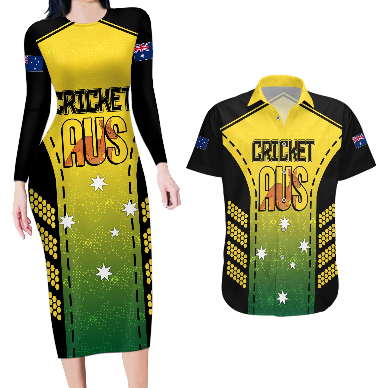 custom-australia-cricket-couples-matching-long-sleeve-bodycon-dress-and-hawaiian-shirt-kangaroo-champions-2023-go-aussies
