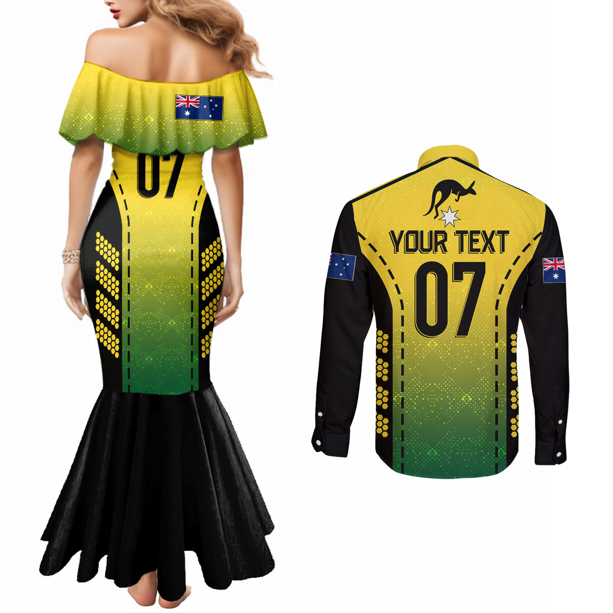 custom-australia-cricket-couples-matching-mermaid-dress-and-long-sleeve-button-shirt-kangaroo-champions-2023-go-aussies