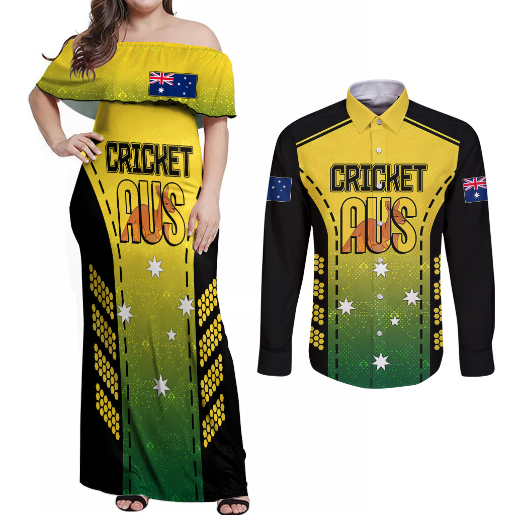 custom-australia-cricket-couples-matching-off-shoulder-maxi-dress-and-long-sleeve-button-shirt-kangaroo-champions-2023-go-aussies
