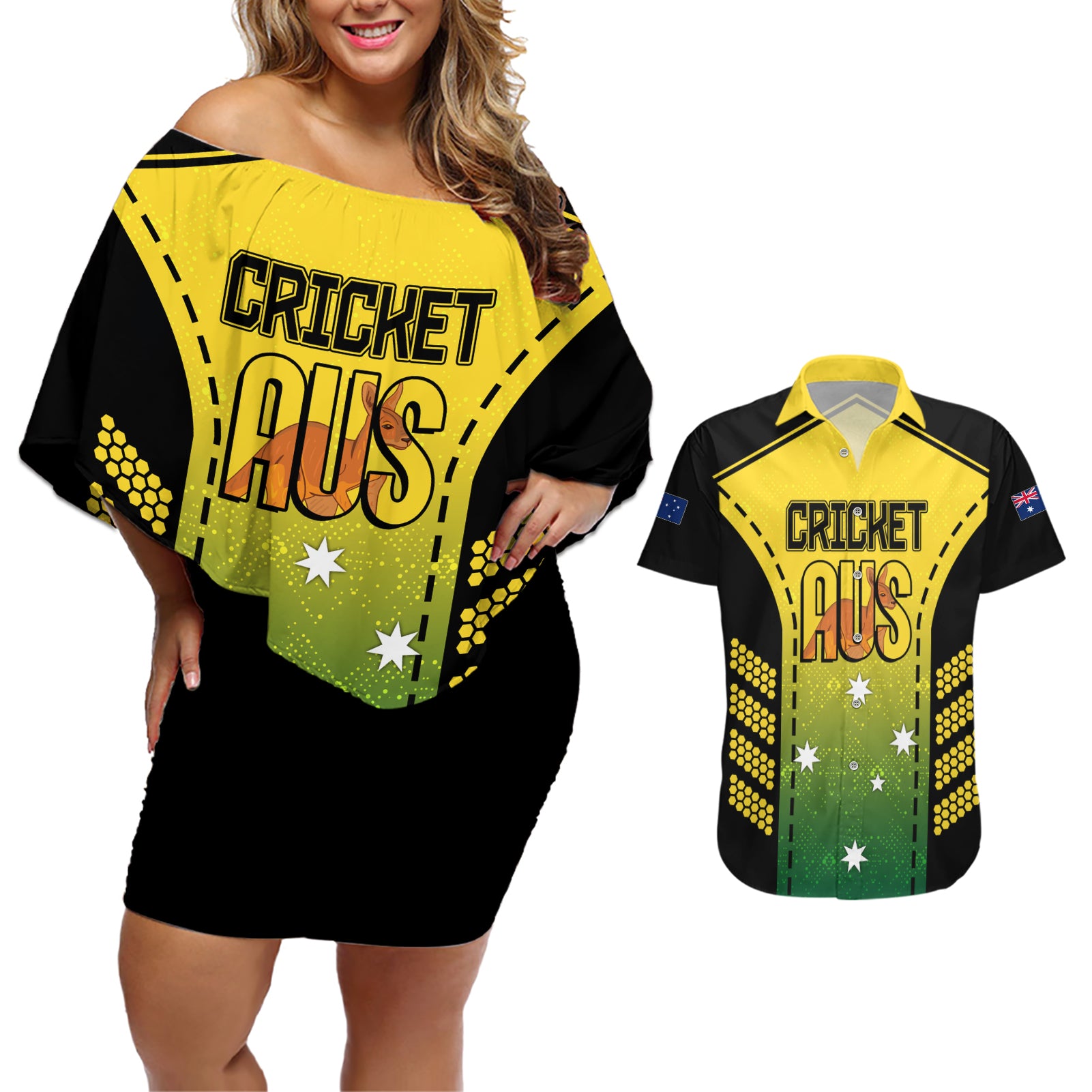 custom-australia-cricket-couples-matching-off-shoulder-short-dress-and-hawaiian-shirt-kangaroo-champions-2023-go-aussies