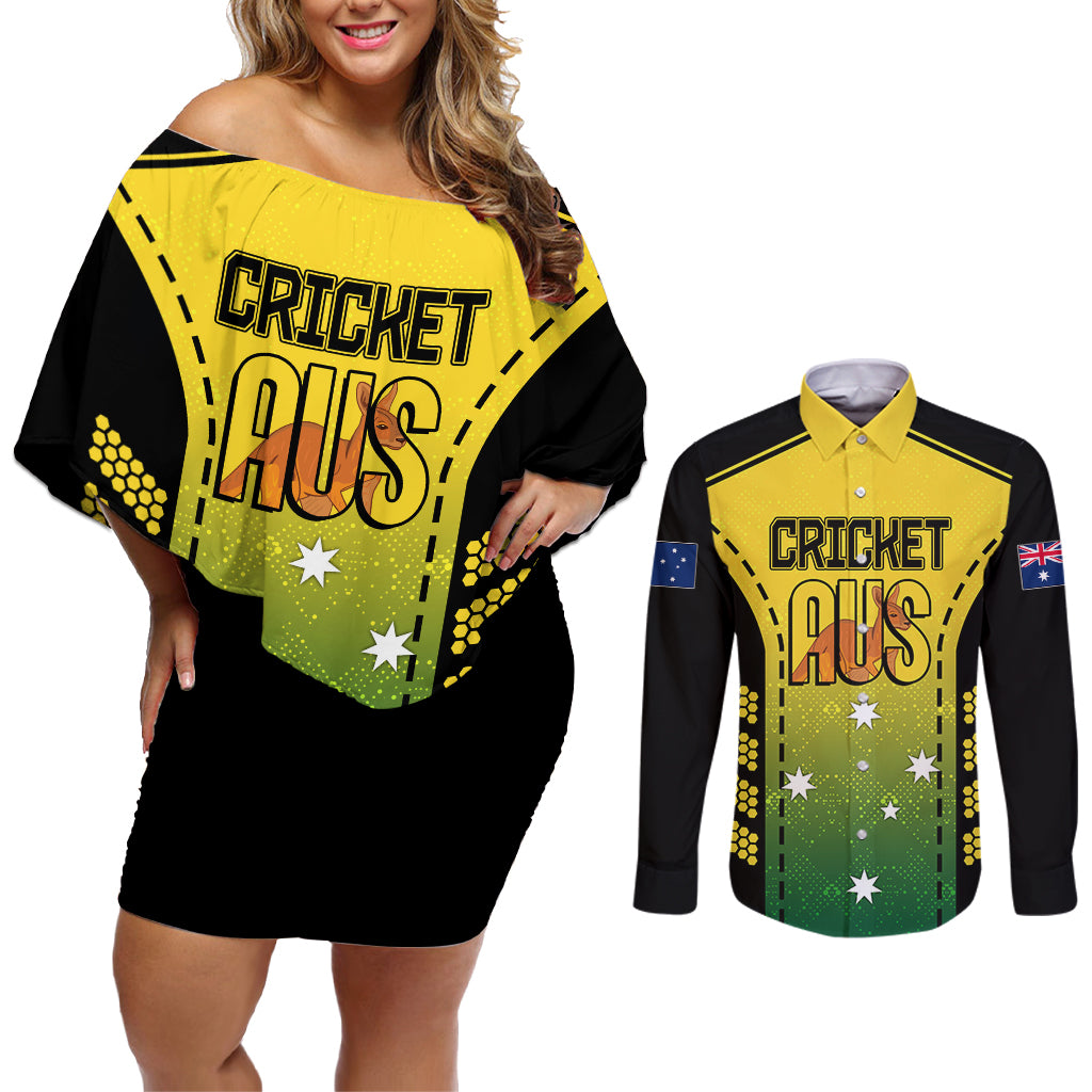 custom-australia-cricket-couples-matching-off-shoulder-short-dress-and-long-sleeve-button-shirt-kangaroo-champions-2023-go-aussies