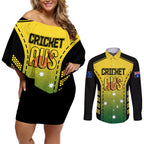 custom-australia-cricket-couples-matching-off-shoulder-short-dress-and-long-sleeve-button-shirt-kangaroo-champions-2023-go-aussies