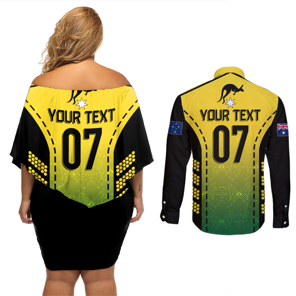 custom-australia-cricket-couples-matching-off-shoulder-short-dress-and-long-sleeve-button-shirt-kangaroo-champions-2023-go-aussies