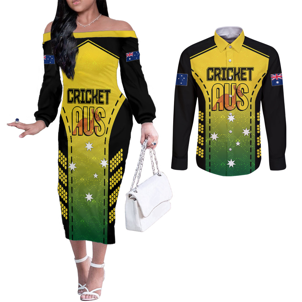 custom-australia-cricket-couples-matching-off-the-shoulder-long-sleeve-dress-and-long-sleeve-button-shirt-kangaroo-champions-2023-go-aussies
