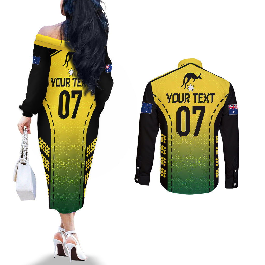 custom-australia-cricket-couples-matching-off-the-shoulder-long-sleeve-dress-and-long-sleeve-button-shirt-kangaroo-champions-2023-go-aussies