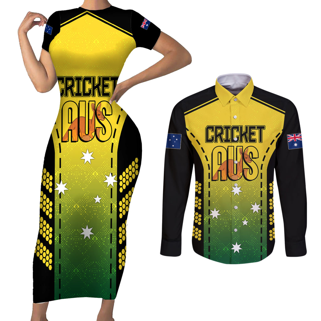 custom-australia-cricket-couples-matching-short-sleeve-bodycon-dress-and-long-sleeve-button-shirt-kangaroo-champions-2023-go-aussies