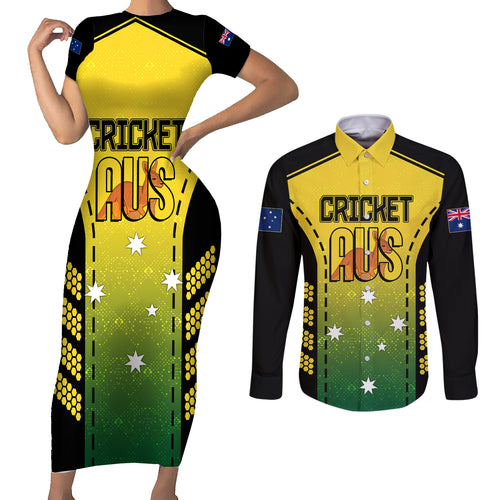 custom-australia-cricket-couples-matching-short-sleeve-bodycon-dress-and-long-sleeve-button-shirt-kangaroo-champions-2023-go-aussies