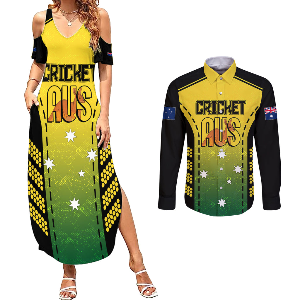 custom-australia-cricket-couples-matching-summer-maxi-dress-and-long-sleeve-button-shirt-kangaroo-champions-2023-go-aussies