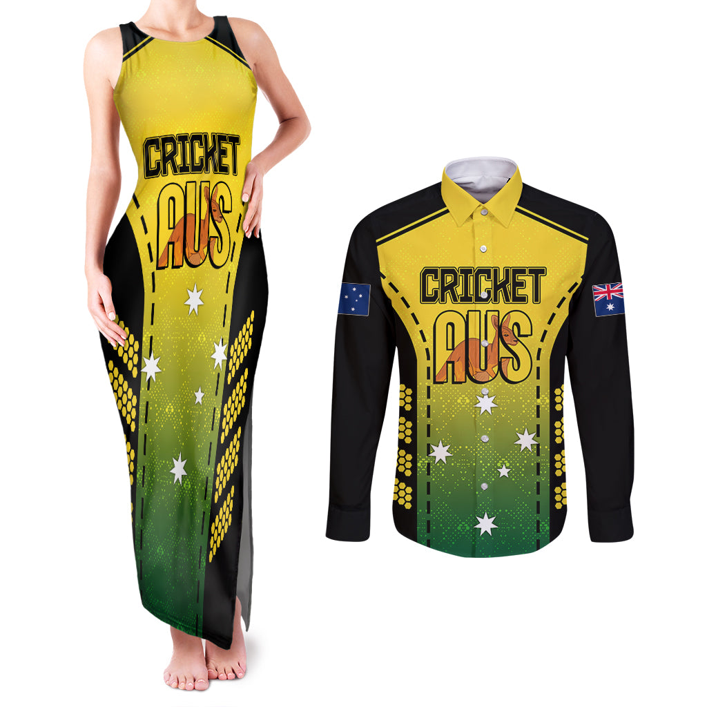 custom-australia-cricket-couples-matching-tank-maxi-dress-and-long-sleeve-button-shirt-kangaroo-champions-2023-go-aussies