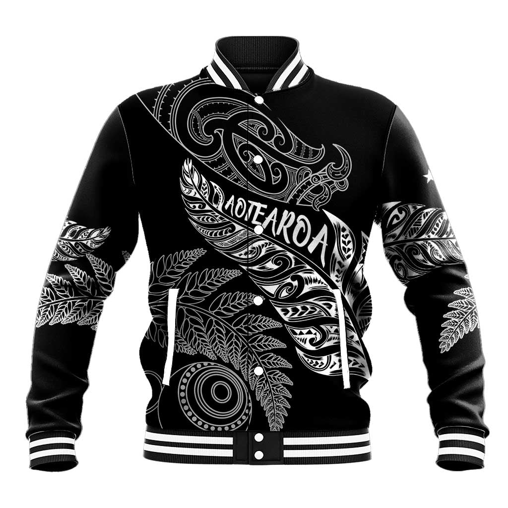 Aotearoa Personalized Lawn Bowls Maori Baseball Jacket New Zealand Black Tribal Silver Fern - Aussie Hoodie