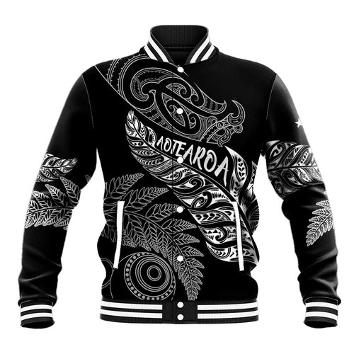 Aotearoa Personalized Lawn Bowls Maori Baseball Jacket New Zealand Black Tribal Silver Fern - Aussie Hoodie