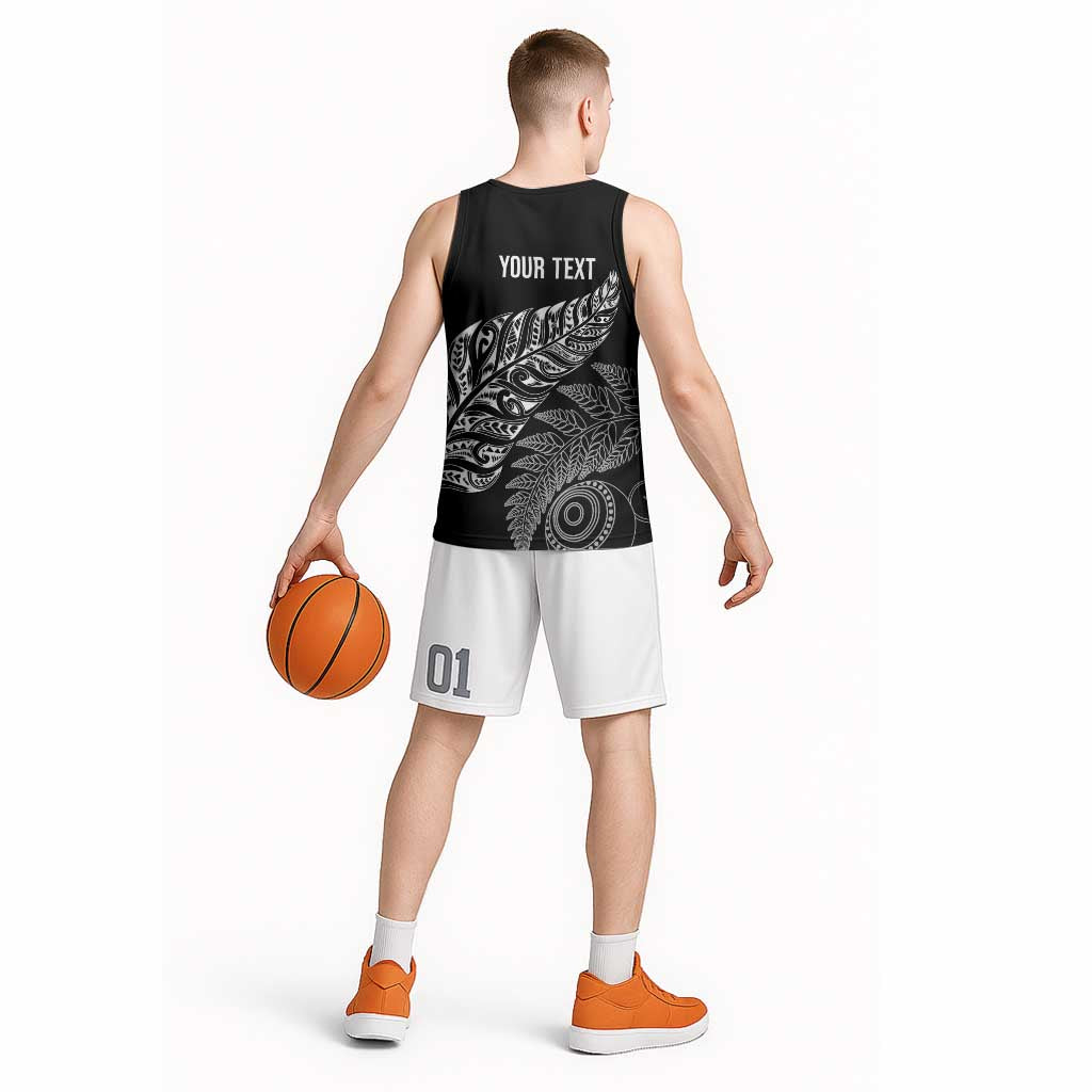 Aotearoa Personalized Lawn Bowls Maori Basketball Jersey New Zealand Black Tribal Silver Fern - Aussie Hoodie